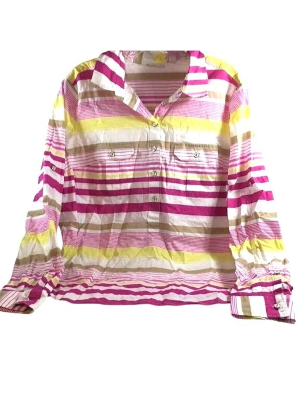 New York & Co Womens Shirt Striped 1/2 Button Up Pink Multi Long Sleeves Roll Up